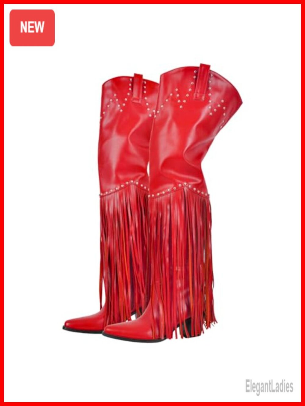 Faux Leather Thigh High Western Cowboy Boots Fringe Studded Over Knee Wide Calf